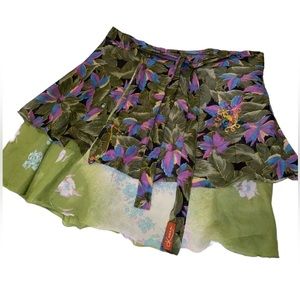 Kariza Purple & Green Floral Design Silk Wrap Skirt Women One Size Ruffle Detail